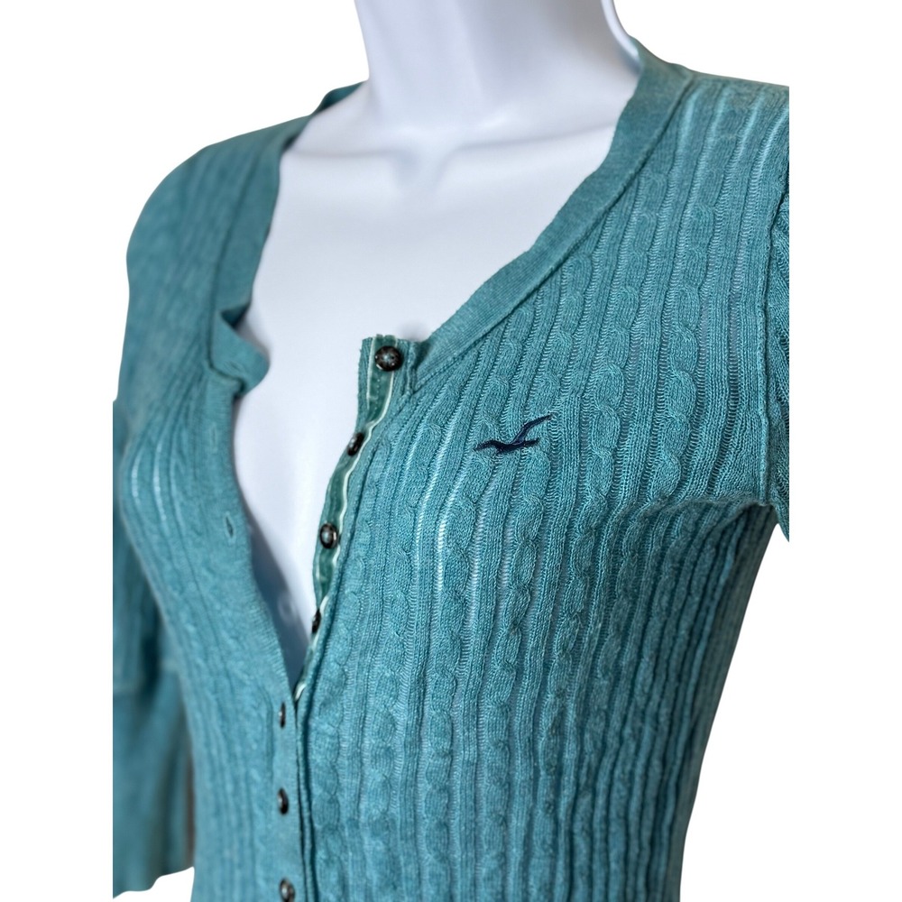 Hollister Henley Top  Medium Teal Blue Y2K Ribbed Cable 3/4 Sleeve - Picture 2 of 8